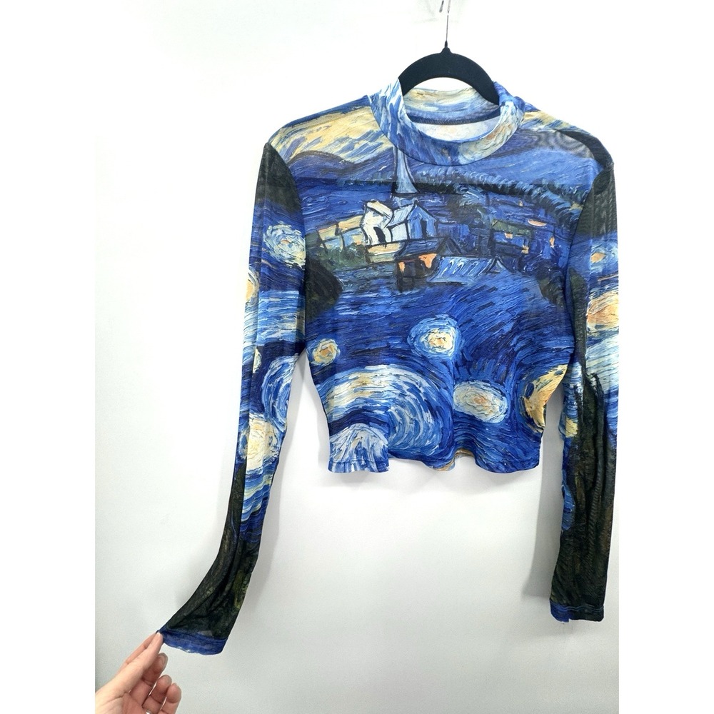 Women XL Sheer Mesh Cropped Top Mock Van Gogh Starry Night Art Dopamine Abstract